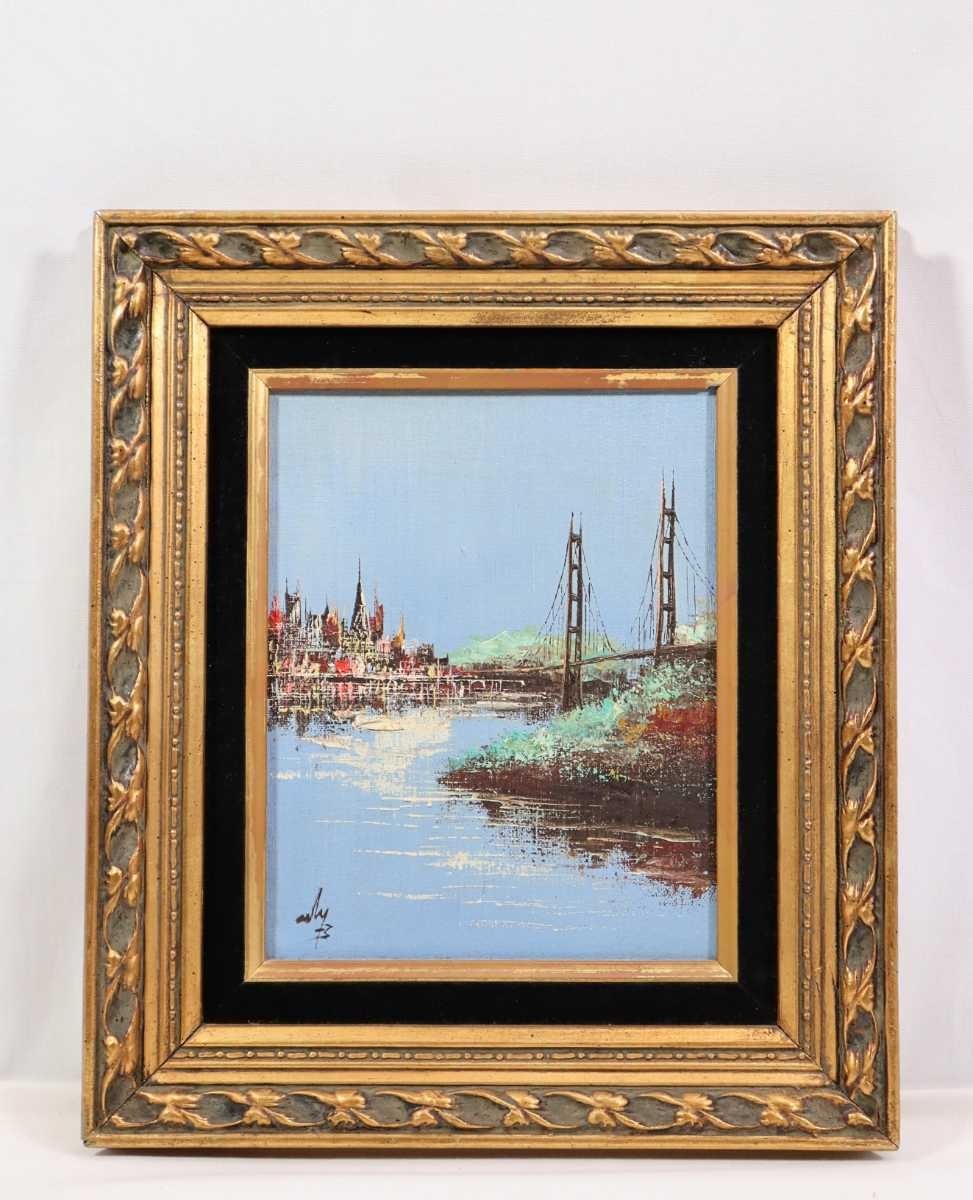 Authentic Ulysses La Rosa Oil Painting Golden Gate Impression Size 20.5cm x 25.5cm Refreshing sky and water surface, Glittering cityscape and beautiful suspension bridge 5541, Painting, Oil painting, Nature, Landscape painting