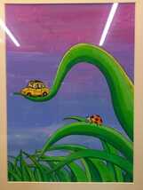 N3117 寿 1999年 絵画 車 てんとう虫 ミニクーパー 黄色 絵 草 夜空 夕空 空 額 たて45.5×よこ38 発送ヤマト120サイズ 札幌_画像2
