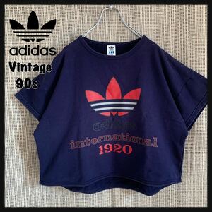 【人気】90s adidas アディダス 半袖 スウェット トレーナー トップス ショート丈 リメイク デサント ヴィンテージ