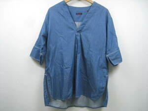 BLUEBLUE ブルーブルー デニムシャツ チュニック 七分丈 サイドスリット Ｖネック 青 ブルー 