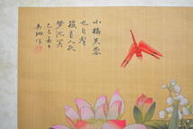 中国画 花鳥図 呉珊作 絹本 蓮 赤蜻蛉 掛軸切り離し 45.5cm×40.5cm 古美術 画像10枚掲載中_画像2