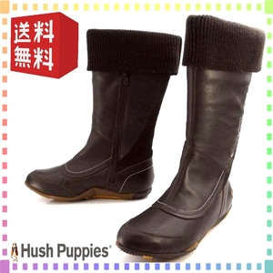 23cm 茶 レディース本革ロングブーツ 2Wayジョッキーブーツ フラットソール 本州送料無料 ハッシュパピー Hush Puppies