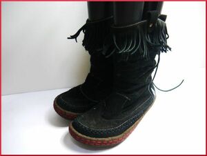 美品 インディアン Indian ショート ブーツ 黒 フリンジ 24.0cm T143-80