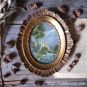 Art hand Auction [A small world surrounded by a frame of light rays] Vintage Italian original painting oil painting miniature ◆Vintage Miniature Oil Painting◆, Painting, Oil painting, Nature, Landscape painting