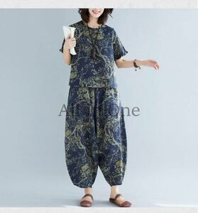 58-49-25 top and bottom set ethnic pattern pants + tops [ blue group,2XL] new goods lady's large size easy woman long sleeve dress dress.1