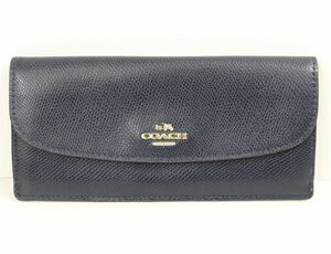 【中古良品】COACH コーチ ロゴ 金具 二つ折り 長財布　レディース 紺 紺 ☆4335-2