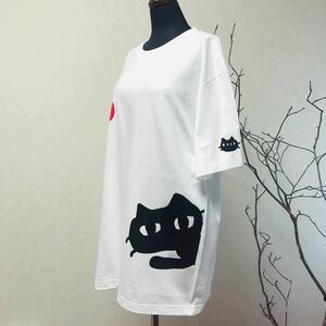 ハンドメイド　クロネコ　Tシャツ　長袖　白　