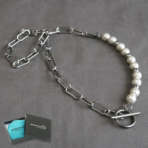 Art hand Auction Collier (Silver Casha) Original Azuki Chain Mantel Pearl Fait à la main Argent Acier inoxydable Anti-allergie, Accessoires pour hommes, collier, autres