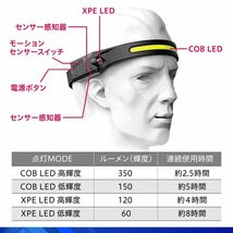 新品/ヘッドライト 充電式 COB LEDライト 超広角 作業灯 ヘッドランプ モーションセンサー/強弱/③_画像5