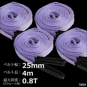 ベルトスリング ナイロンスリング 幅25mm×4m ストレート吊0.8T [4本セット] 両端アイ型 吊りベルト 荷吊 運搬 牽引/16ш