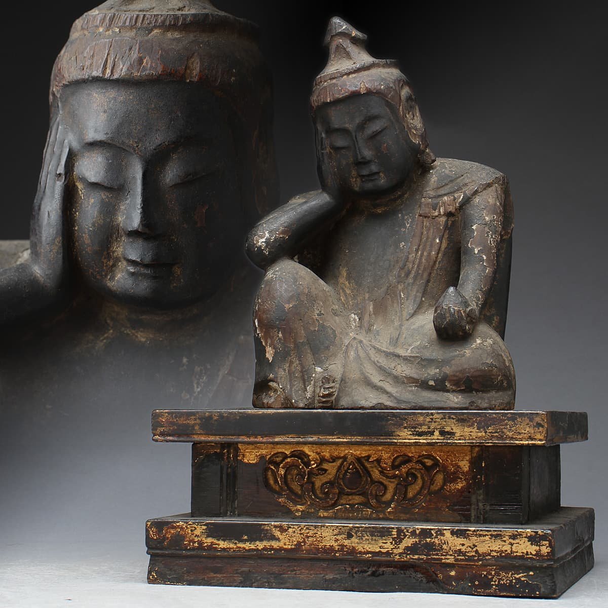 仏教美術 古銅鍍金 仏頭 仏像 木製台付 D R4397C - library