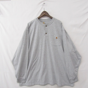 ビッグサイズ 3XL Carhartt ヘンリーネック ロング Tシャツ ロンT 長袖 1ポケット 杢グレー カーハート 古着 ビンテージ 2O3114