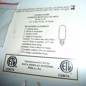 米国製 ★純正 Coors LIGHT クアーズ ライト ライテッド ボトルキャップ サイン 1999年 店舗看板 SIGN アメリカン雑貨 ネオン管 好きにも♪の画像5