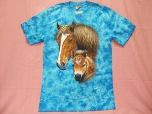 横浜最新 素敵な親子の馬♪魅惑のTシャツ 絞り柄ブルー M, L 送料220円40a(サイズを必ずお知らせ下さい)