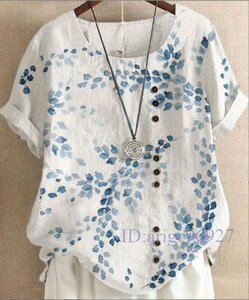 Q644* new goods M-3XL size? casual great popularity beautiful. print pattern cotton flax easy large size usually put on short sleeves shirt tunic * white 