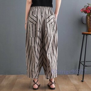 R950* new goods L-XL size summer gaucho pants cotton flax linen wide pants border pattern bottoms large size casual waist rubber beige 