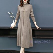 R171☆新品フリー 秋冬 大人女子 ゴージャス カシミヤ混 暖かい 304050代 気質 ストレッチ ニットセーター ロング丈ワンピース*キャメル_画像3