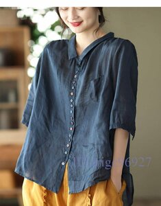 S114☆新品上品で大人可愛いリネンラミー100%トップスハーフスリーブ半袖シャツレディース夏服接触冷感快適性薄手紺M~2XL