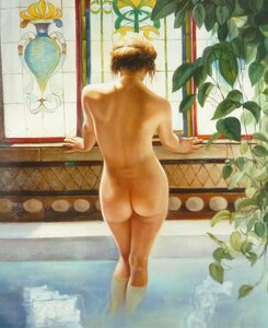 肉筆絵画 油絵 油彩画 洋画 (油絵額縁付きで納品対応可) F12号 「水浴する裸婦」