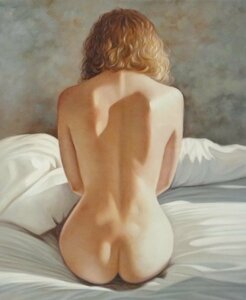 肉筆絵画 油絵 油彩画 洋画 (油絵額縁付きで納品対応可) F12号 「背中を向けた裸婦」