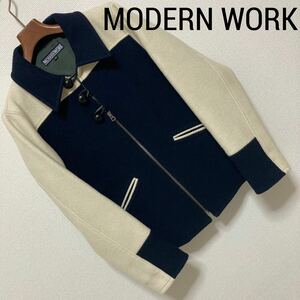 MODERN WORK モダンワーク■ウール レザーパーツ オールド ジャケット XS ネイビー 白 ブルゾン ロカビリー 50s フィフティーズ 日本製