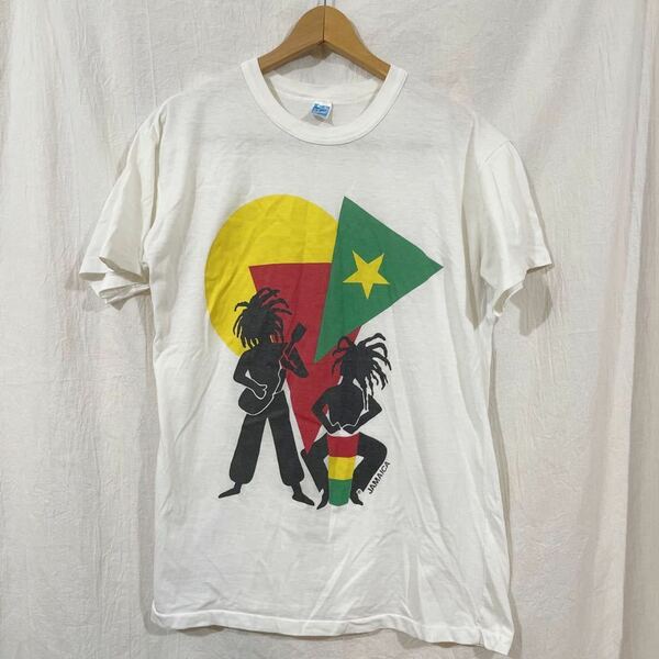 80's ジャマイカ製 Sun Island タグJAMAICAラスタ Tシャツ XL 白 ポリコットン50/50