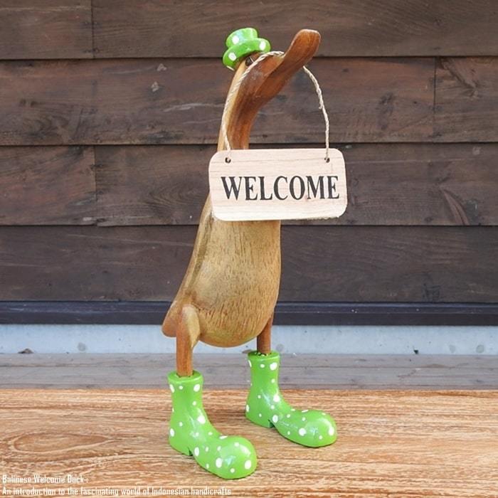 Tablero de bienvenida Pato Lunares Verde Tamaño mediano Muñeca de bienvenida Pato Hecho a mano Interior animal Figura animal Objeto de madera, Artículos hechos a mano, interior, bienes varios, ornamento, objeto