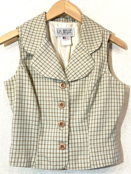 LA BELLE◯80's-90'sVINTAGE◯ベスト◯ジレ◯チェック◯丸襟◯ラウンドカラー◯USA製◯ビンテージ