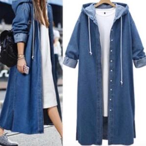 【Lサイズ】シンプル可愛い デニム ロングジャケット レディース カーディガン ロングワンピース フード付き