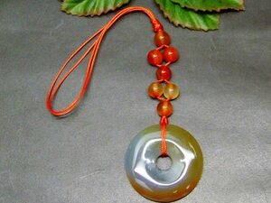 Art hand Auction Natural Stone Power Stone 62491 Carnelian 40mm with Red Wax Drawstring Pea Disc Disc Heian Bag Decoration Amulet Free Shipping, beadwork, beads, natural stone, semi-precious stones