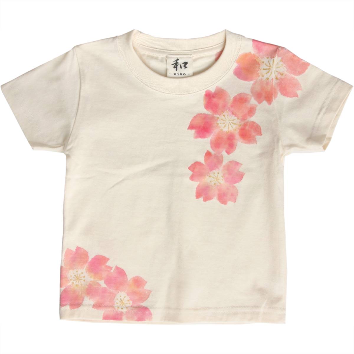 子供服 キッズTシャツ 100サイズ ナチュラル 舞桜柄 Tシャツ ハンドメイド 手描きTシャツ 和柄 春, トップス, 半袖シャツ, 100(95~104cm)