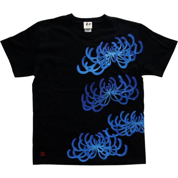 Men's T-shirt, XXL size, black, chrysanthemum pattern T-shirt, black, handmade, hand-drawn T-shirt, Japanese pattern, XL size and above, Crew neck, Patterned