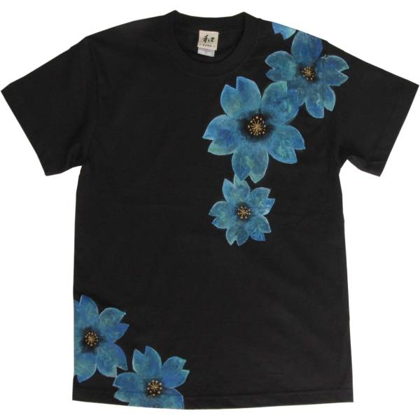 남성 티셔츠, XL사이즈, 검은색, 춤추는 벚꽃 패턴, 수공, 손으로 그린 티셔츠, 일본식 디자인, 손으로 그린 벚꽃 패턴 티셔츠, XL 사이즈 이상, 크루 넥, 무늬가 있는