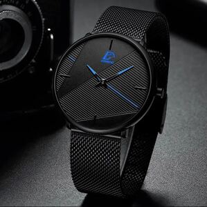 腕時計 男性 超薄型 ステンレス鋼 ステンレスベルト クォーツ腕時計 ブルー