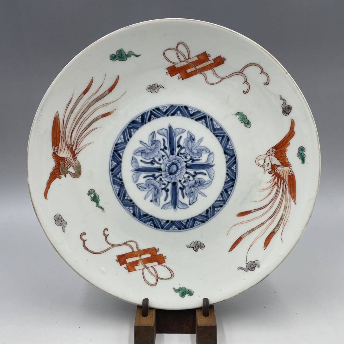NEW限定品 波縁で可愛い◇大聖寺伊万里 古伊万里赤絵鳳凰金彩変形四方