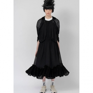 新品！コムコム コムデギャルソンCOMME des GARCONS 襟裾ベロア切替シフォンギャザーデザインワンピース 黒M 【レディース】