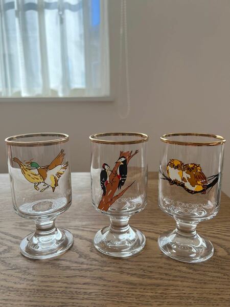 SUNTRY 足つきガラス３種　野鳥 ワイングラス