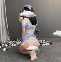 34　メイド服コスプレセット　　ミニ丈　チェック　ホワイトブルー　セクシー　リボン　フリル　カチューシャ　ストッキング　青白　_画像4