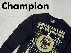 ☆送料無料☆ Champion チャンピオン USA直輸入 古着 長袖 カレッジ ボストン大学 雪だるま柄 Tシャツ メンズ M ブラック トップス 中古