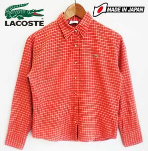 【希少】日本製*LACOSTE*サイズ40(M相当)*レディーズ*長袖フランネルシャツ*赤*チェック柄*綿100％*ロゴ*刺繍*大沢商会*ラコステ #5412