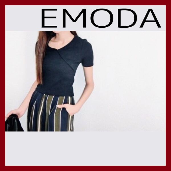 EMODA Vネック半袖ニットトップスカットソー 紺ネイビー 春夏秋