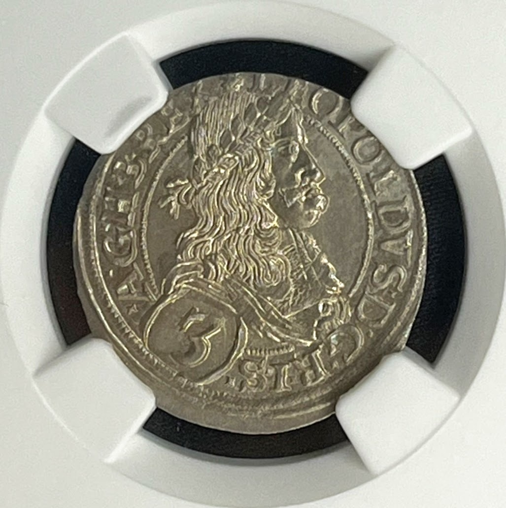 オーストリア 1681年 ザルツブルク 3クロイツァー 銀貨 NGC MS64 bak