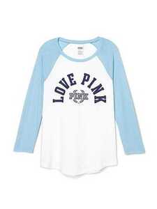  Victoria Secret ⑪PINK Baseball T-shirt ( white × light blue ) America size S, japanese M size degree white color 