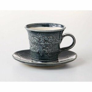 Art hand Auction Mino ware! ☆Hand-painted blue glaze unique grape bowl and plate☆ New V3028-3 Coffee Tea Cup Milk Latte Espresso Tea Utensil Gift, tea utensils, Cup and saucer, coffee, For both tea and tea