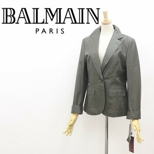 新品 ヴィンテージ◆BALMAIN バルマン 羊革 ラムレザー ステッチ 1釦 ジャケット モスグリーン 11