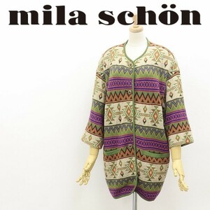 ヴィンテージ◆mila schon ミラ ショーン オルテガ ネイティブ柄 七分袖 ノーカラー パイピング ニット コート カーディガン 40