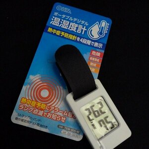 ☆美品☆OHM ポータブルデジタル温湿度計 TEM-800-W ホワイト 熱中症予防指針を4段階で表示及びアラーム バンド付き 18 00233