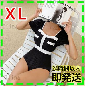 XL 黒 セクシー ハイウエスト バイピング ワッフル 韓国 ワンピース 水着 シフォン 大人 体型カバー パフスリーブ jewels dholic tika