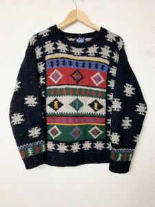 80s 人気の黒ベース！ネイティブ柄 WOOLRICHウールリッチ ニット セーター ローゲージ L ブラック 黒 ウール ビンテージ ネップ