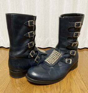 [KIDILL×BROGA VIDAR] 定価77,000 Studs leather 多重ベルト センタージップ スタッズレザーブーツ 9 ネイビー キディル ブロガ ヴィダル